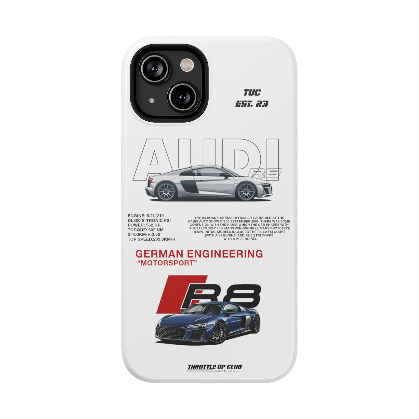 AUDI R8 WHITE PHONE CASE  "GERMAN ENGENEERING"