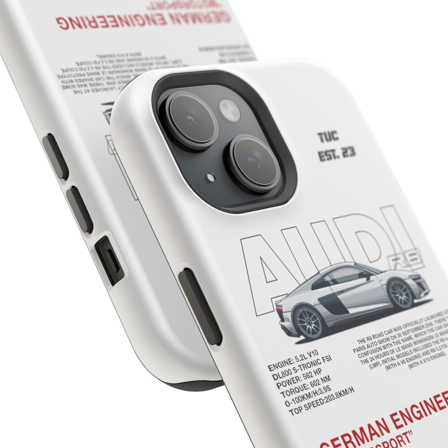 AUDI R8 WHITE PHONE CASE  "GERMAN ENGENEERING"