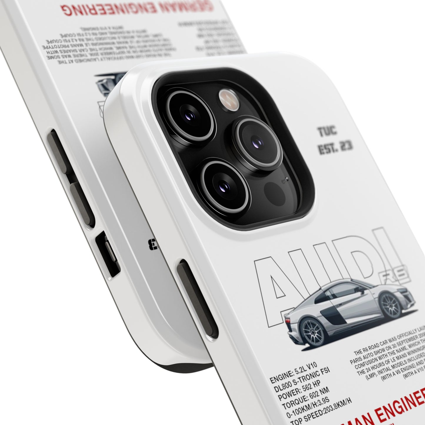 AUDI R8 WHITE PHONE CASE  "GERMAN ENGENEERING"