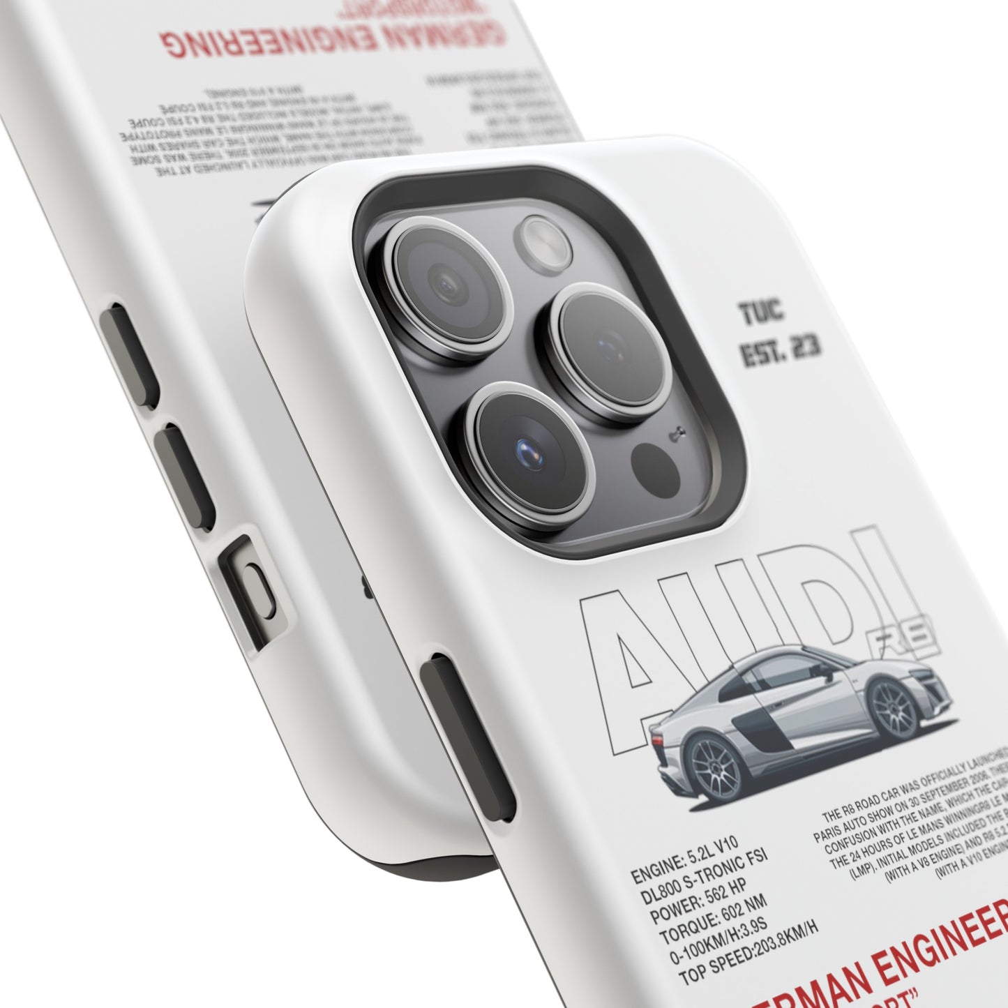 AUDI R8 WHITE PHONE CASE  "GERMAN ENGENEERING"