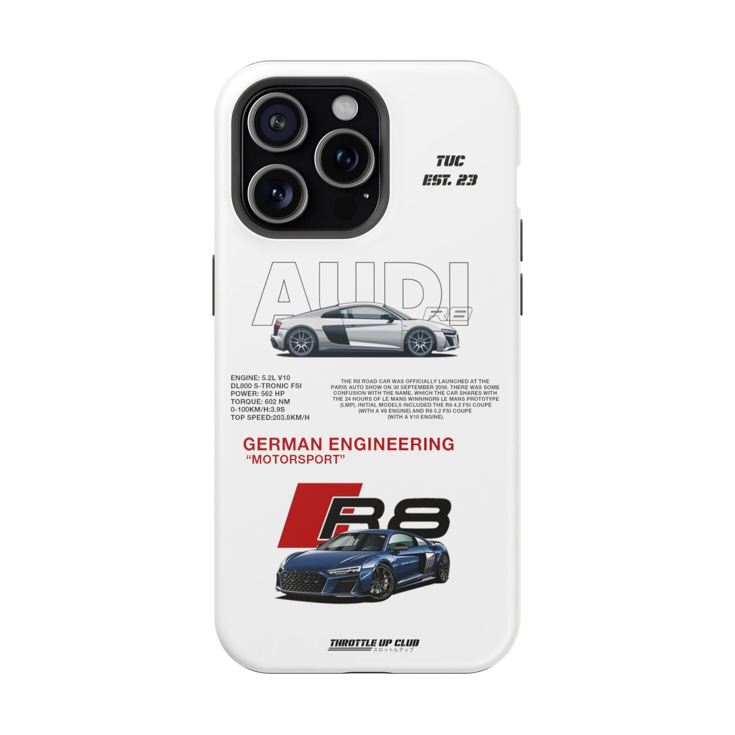 AUDI R8 WHITE PHONE CASE  "GERMAN ENGENEERING"