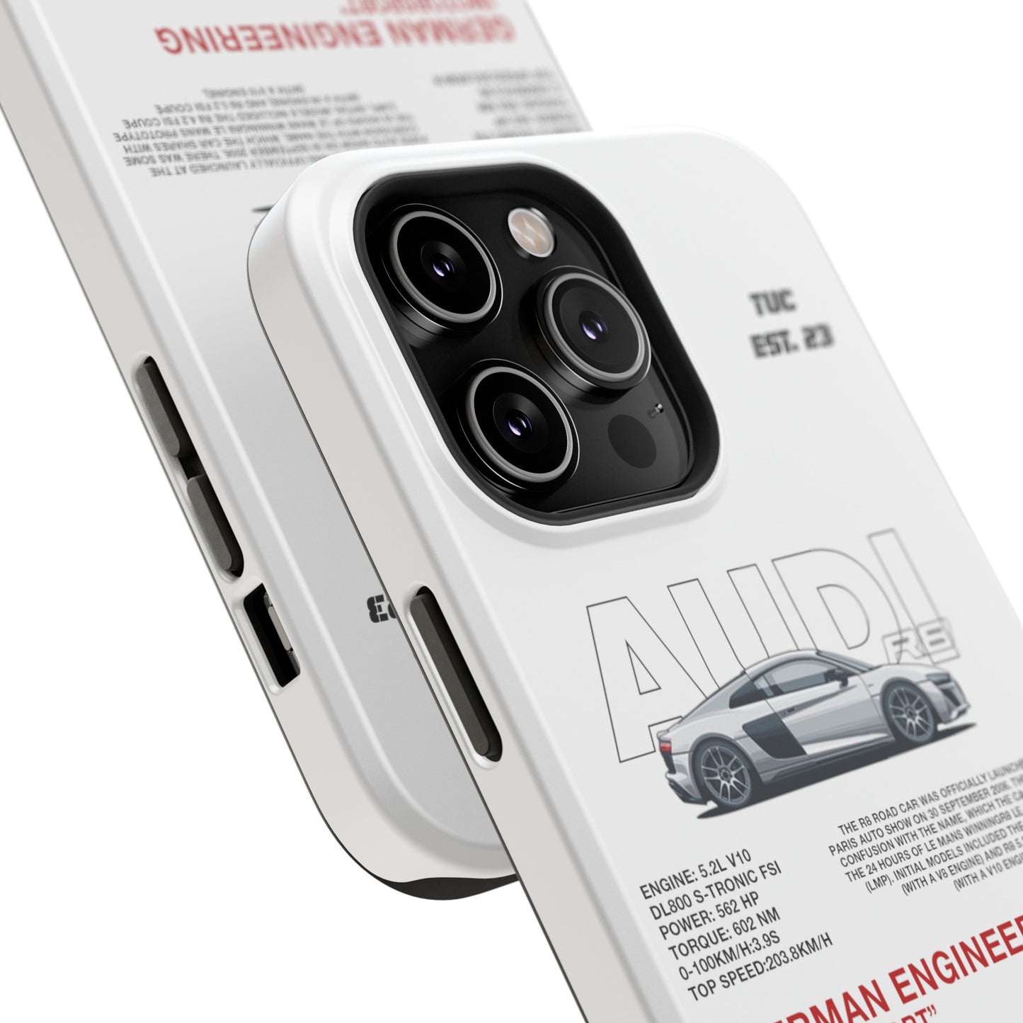 AUDI R8 WHITE PHONE CASE  "GERMAN ENGENEERING"